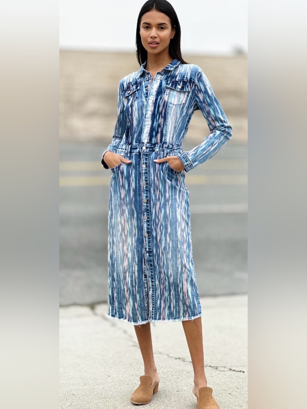 Wash Lab Painter Denim Long Sleeve Midi Shirt Dress